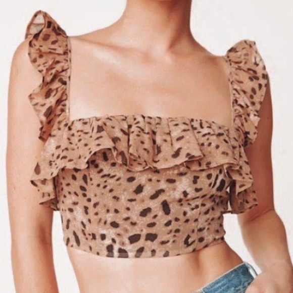 Revolve LPA Brown Leopard Ruffle Crop Top - Picture 4 of 5